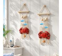 1 pièce Décoration murale de crabe côtier, œuvre d'art de style océanique, design de crabe rouge et d'étoile de mer, décoration murale de thème marin, rehaussée d'un filet de pêche et de coquillages, 