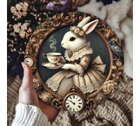 1 pièce Décoration murale vintage avec horloge, design de lapin, plaque métallique ronde de 8 x 8 pouces, plaque décorative à suspendre pour la maison, le café, le restaurant, le jardin, la décoration