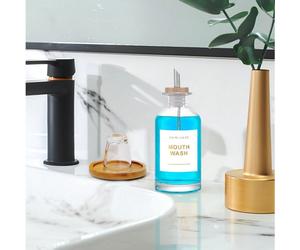 1 pièce Distributeur de bain de bouche 12 oz/350 ml, bouteille de sirop de café, bouteille de sauce soja et de vinaigre, rince-bouche en verre de salle de bain avec acier inoxydable et bec en bambou,