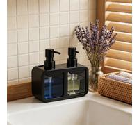 1 pièce Distributeur de savon à double tête, savon pour les mains et savon à vaisselle 2-en-1, avec support pour éponge et porte-brosse, distributeur de savon à double pompe réutilisable antidérapant,