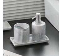 1 pièce Distributeur de savon en céramique/Gobelet pour bain de bouche/Plateau/Pot pour cotons-tiges, fournitures de salle de bain en céramique imitation marbre. Bouteille de gel douche, shampooing, s