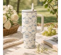 1 pièce Gobelet en acier inoxydable 40 oz avec imprimé floral bleu, double paroi isolée sous vide, tasse de voyage avec poignée et couvercle à paille, bouteille d'eau compatible avec les porte-gobelet