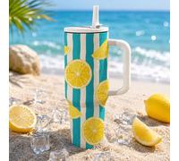 1 pièce Gobelet isotherme en acier inoxydable 40 oz avec poignée et paille, tasse isotherme à double paroi sous vide, compatible avec les porte-gobelets de voiture, design rayé citron agrume, tasse à 