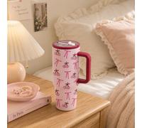 1 pièce Gobelet isotherme en acier inoxydable 40oz rose cerise avec nœud, poignée et paille, tasse d'eau de style mignon et féminin, tasse de voyage thermique étanche, grande capacité pour femmes, fil