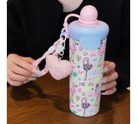 1 pièce Gobelet isotherme en acier inoxydable 600ML, Princesse/Amour/Fraise, Pendentif à carreaux rose en forme de cœur, Cordon en silicone et paille, Convient pour le café, le thé, le lait, le jus, l