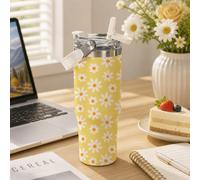 1 pièce Gobelet isotherme en acier inoxydable de 30 oz avec motif marguerite, couvercle et paille, tasse isotherme à fleur jaune mignonne, double paroi isolée sous vide garde au chaud 12 heures au fro