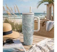 1 pièce Gobelet isotherme en acier inoxydable de 40 oz avec tortue de l'océan, poignée et paille, bouteille d'eau isotherme de style plage, grande capacité, étanche, tasse de voyage, s'adapte au porte
