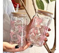 1 pièce Gobelet isotherme en plastique rose avec nœud, 16 oz, avec couvercle en bambou et paille, vaisselle vintage, tasse de voyage portable, réutilisable, convient pour le café, le jus et les sodas,