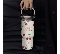 1 pièce Gourde isotherme de la série Cœur de cerise de 900 ml/30,44 oz, garde le chaud et le froid, grande capacité pour tasse de voiture, bouteille d'eau avec poignée et paille, double bec verseur, b