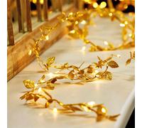 1 pièce Guirlande lumineuse décorative en faux feuilles d'or de 1 m/2 m/3 m/5 m, à piles, avec fil de cuivre. Convient pour la décoration de la maison, du salon, de l'anniversaire, de la fête, du mari