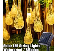 1 pièce Guirlande lumineuse solaire, 8 modes, forme de goutte d'eau, guirlande lumineuse en cristal, longueur totale alimentée par énergie solaire 5 m (20 LED) / 7 m (50 LED), étanche pour l'extérieur
