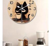 1 pièce Horloge murale en bois de style japonais avec chat noir mignon 10/12 pouces - Alimentée par pile, horloge circulaire silencieuse et affaissée, convient pour décorer les pièces esthétiques, les