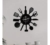 1 pièce Horloge murale en disque vinyle, Horloge murale couteau, fourchette et cuillère, Horloge murale thème ustensiles de cuisine, Horloge silencieuse, Décoration de cuisine et restaurant, Pour anni