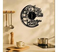 1 pièce Horloge murale en métal ajouré "Kitchen Is The Heart Of The Home", horloge en fer de style campagnard moderne avec tasses à café empilées et design en forme de cœur, style vintage noir, convie