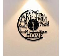1 pièce Horloge murale plate en métal "Kitchen Is The Heart Of The Home" - Décoration de cuisine de style ferme moderne avec tasses à café empilées et aiguilles statiques creuses en forme de théière, 
