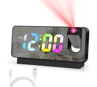1 Pièce - Horloge Projecteur à Grand Écran LED - Affichage Numérique et Miroir Coloré - Boîtier Noir - Lumières Colorées + Recharg