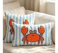 1 pièce Housse de coussin décoratif rayé avec broderie de crabe, coussin de chaise/canapé d'extérieur, coussin décoratif pour maison de plage, décoration côtière, convient pour chaise de plage extérie