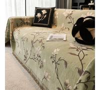 1 pièce Jeté de canapé en chenille floral vert vintage, housse de canapé à motif botanique de style chinois avec franges, antidérapant, adapté aux animaux de compagnie, lavable en machine, toutes sais