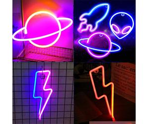 1 pièce Lampe de chevet LED néon Univers Planète Fusée Alien Éclair, Petite lumière portable, Décoration d'ambiance de chambre, Décoration de chambre, Double alimentation, Décoration murale, Convient