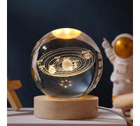 1 pièce Lampe de nuit à boule de cristal 3D alimentée par USB avec base en bois, décoration de maison et de chambre, lampe de nuit système solaire, lune, galaxie, motif Saturne 3D, décoration de burea