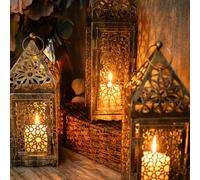 1 pièce Lanterne en métal de style marocain, porte-bougie en fer ajouré et gaufré, lanterne à vent vintage plaquée or ajourée et sculptée, convient pour la maison, la cour, le jardin, la villa, le Nou