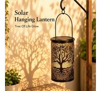 1 pièce Lanterne solaire en fer noir Arbre de Vie, lumière solaire de jardin extérieure étanche avec sculpture ajourée, lampe décorative suspendue ou de table, convient pour le patio, le porche, la co