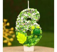1 pièce Meilleure créative Bougies de gâteau d'anniversaire en forme de chiffres de 0 à 9 et de lettres, bougies décoratives faites main pour thème de fête, avec feuilles vertes, tortue, paillettes ar