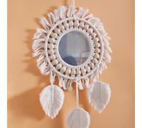 1 pièce Miroir rond tressé bohème avec cadre à franges perlées, miroir de toilette pour la décoration de la chambre et du salon, peut être associé à des fleurs et plantes séchées, miroir rond multifon