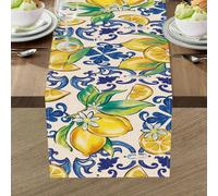 1 pièce Nappe à motif de carreaux italiens bleu citron, décoration de cuisine style côte amalfitaine italienne Capri aux agrumes sur lin grossier, décoration méditerranéenne d'intérieur et d'extérieur