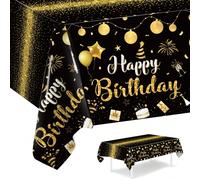 1 pièce Nappe d'anniversaire noire et dorée, nappe avec motif de confettis colorés et de ballons, chemin de table, décoration de table d'anniversaire, décoration de maison, cadeau pour 1er anniversair