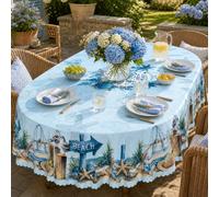 1 pièce - Nappe de table style plage côtière d'été, nappe de table imprimée avec mouettes, étoiles de mer et coquillages, en polyester. Convient pour le 4 juillet, les barbecues, les pique-niques, les