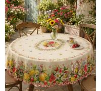 1 pièce Nappe de table vintage pour thé de jardin, couverture de table ronde en polyester avec motif aquarelle floral, fruits, théière et papillon, bord ondulé, lavable et réutilisable pour la cuisine