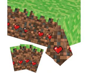 1 pièce Nappe de thème de fête d'anniversaire de jeu électronique Bloc d'herbe Minecraft Pixel Battle 137 cm * 274 cm, Nappe de jeu de bac à sable, Steve, Alex, Passif, Villageois, Nappe de décoration