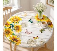 1 pièce Nappe élastique à motif tournesol et papillon, impression florale aquarelle, nappe élastique à grain de bois vintage, housse de table lavable et réutilisable, convient pour la cuisine de style