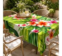 1 pièce Nappe en polyester avec imprimé de feuilles de palmier tropicales & fleurs de frangipanier, convient pour la cuisine, la salle à manger, le jardin extérieur, la terrasse, le mariage, la fête, 