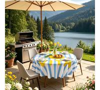 1 pièce Nappe plate 2D en polyester à rayures citron frais, rayures bleu & blanc et imprimé citron jaune, nappe ronde/rectangulaire, décoration de cuisine nautique et côtière, style brunch décontracté