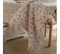 1 pièce Nappe rectangulaire imprimée de motifs floraux, style campagnard avec des glands, décoration d'intérieur pour la salle à manger, la cuisine, la table, les fêtes, les vacances, l'hôtel, le café