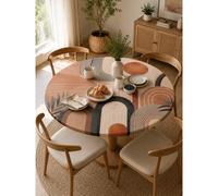 1 pièce Nappe ronde ajustée en terre cuite chaude style bohème abstrait avec lignes d'arche - Imprimé géométrique de courbe de feuille de palmier, bord élastique extensible pour salle à manger de styl
