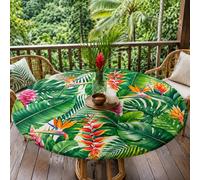 1 pièce Nappe ronde élastique avec imprimé de feuille de bananier de forêt tropicale, de monstera et de fleur de gingembre rouge, protecteur de table rond ajusté de style tropical vert vif, convient p