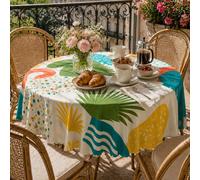 1 pièce-Nappe ronde en polyester à motif de feuilles de palmier tropical bohème, nappe de table à imprimé géométrique coloré d'été, nappe résistante aux plis avec bord ondulé pour patio extérieur, jar