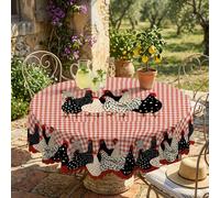 1 pièce Nappe ronde imprimée poulet rouge et blanc, nappe de table en polyester à carreaux style ferme avec bordure de poule pour table à manger, cuisine, patio, jardin, pique-nique, fête, décoration