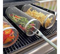 1 pièce Panier à roulettes pour barbecue, cage de grill en acier inoxydable, grille ronde de barbecue pour légumes, frites, poisson. Grille de cuisson portable pour barbecue, paniers de grillage pour 