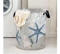 1 pièce Panier de rangement rond pliable de grande capacité avec motif imprimé d'étoile de mer et de coquille Saint-Jacques, avec poignées, panier de rangement multifonction pour la salle de bain, la 