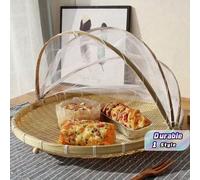 1 pièce Panier plateau de service alimentaire tressé à la main, couvercle de protection extérieur pour fruits, panier de rangement en bambou tressé anti-insectes, outil de pelle pour pique-nique MBamb
