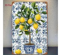 1 pièce Panneau métallique 20,32*30,48 cm, Peinture métallique d'arbre citronnier, Fond à motif bleu et blanc, Style naturel frais, Panneau et plaque décoratifs, Convient pour la décoration de la mais