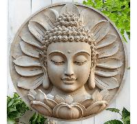 1 pièce Panneau métallique plat rond de 8 pouces représentant une tête de Bouddha 2D, avec des styles de trous aléatoires, sans éclairage, sans alimentation électrique requise. Décoration intérieure e