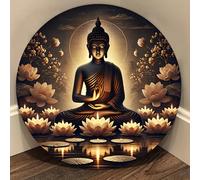 1 pièce Panneau métallique rond de 20,32 x 20,32 cm avec un design de Bouddha méditatif paisible, de lotus lumineux et de bougie. Convient pour la décoration intérieure/extérieure dans le salon, le ba