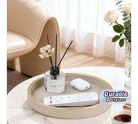 1 pièce Plateau décoratif rond avec rayures verticales et bordure dorée, plateau en PU pour la décoration de table, la décoration de la maison, le rangement de bureau pour les bijoux, les parfums, les
