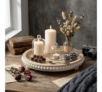 1 pièce Plateau décoratif rond de 12 pouces, plateau en perles de bois blanc, convient pour le salon, la table basse, la table à manger ou le plateau de service de style ferme. Idéal pour un cadeau d'