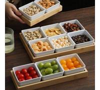 1 pièce Plateau divisé en bambou avec bol, couverts d'hôtel, de restaurant, plateau de grill divisé pour les sauces autour du poêle, assiette pour thé bouilli, fruits secs, pour la maison, restaurant,